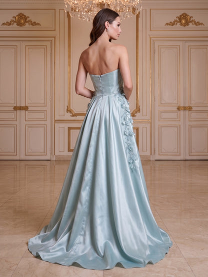 Robe de Soirée Ligne A/Princesse Sans Bretelles, Longueur Sol avec Fleurs 3D
