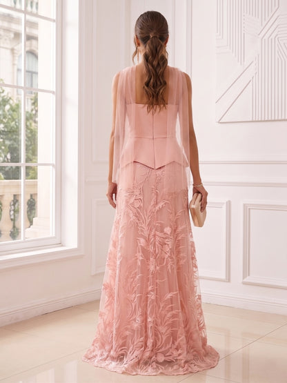 Robe de Soirée Ligne A/Princesse Sans Bretelles, Longueur Sol avec Étole assortie & Broderies