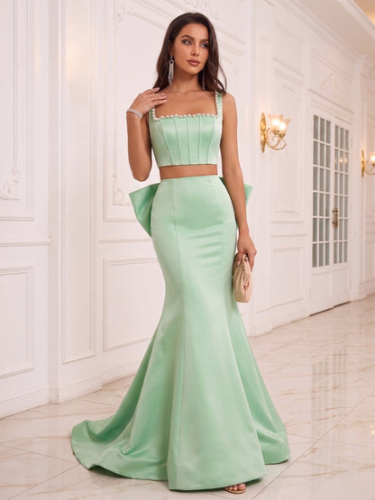 Robe de Soirée Trompette/Sirène à Col Dégagé, Traîne Balai avec Perles & Nœud Papillon