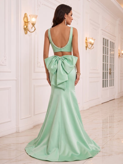 Robe de Soirée Trompette/Sirène à Col Dégagé, Traîne Balai avec Perles & Nœud Papillon