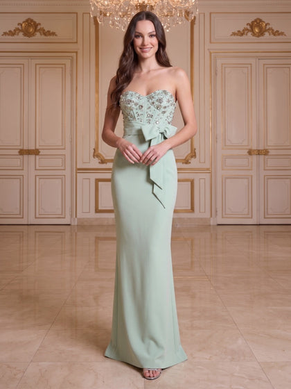 Gaine/Colonne Chérie Sans Bretelles Sans Manches Longueur du Sol Robes de Soirée avec Noeud Papillon & Perles