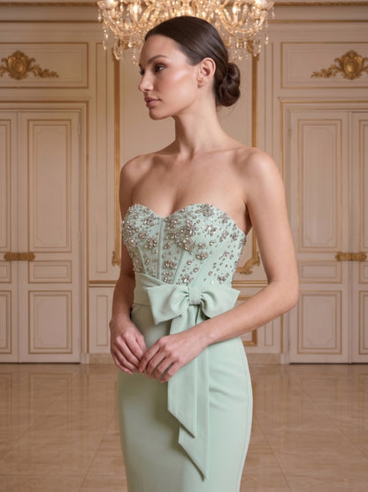 Robe de Soirée Gaine/Colonne Sans Bretelles à Col Cœur, Longueur Sol, avec Nœud Papillon & Perles