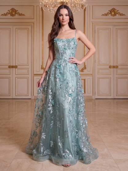 Robe de Soirée Ligne A/Princesse à Bretelles Spaghetti, Longueur Sol, avec Appliques