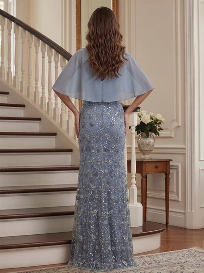 Robe longue de la mère de la mariée sirène à bretelles spaghetti, effet cape et appliqués