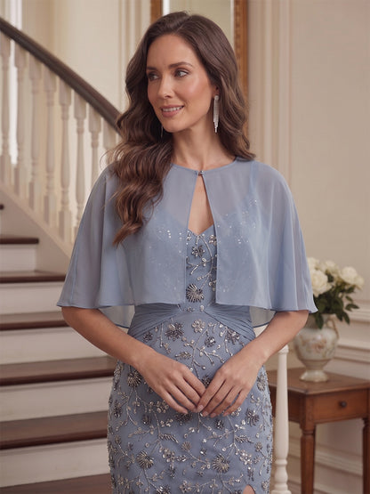 Robe longue de la mère de la mariée sirène à bretelles spaghetti, effet cape et appliqués