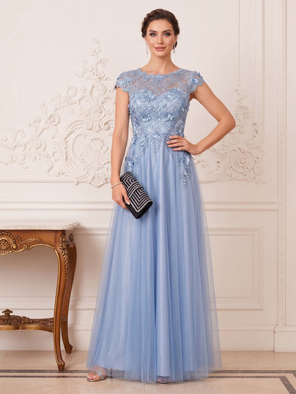 Robe Mère de la Mariée Longueur Sol Ligne A/Princesse, Col Dégagé, avec Fleurs 3D & Perles