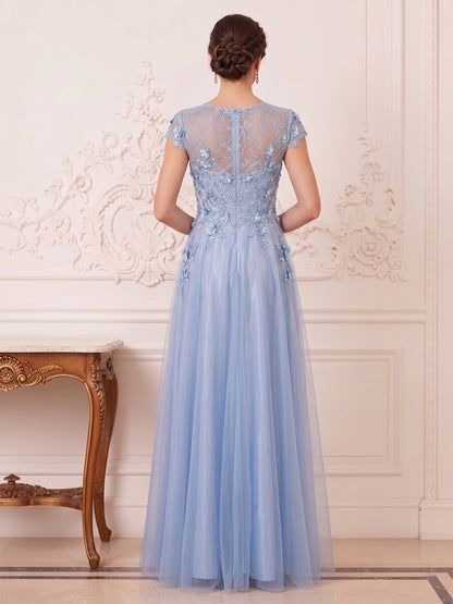 Robe Mère de la Mariée Longueur Sol Ligne A/Princesse, Col Dégagé, avec Fleurs 3D & Perles