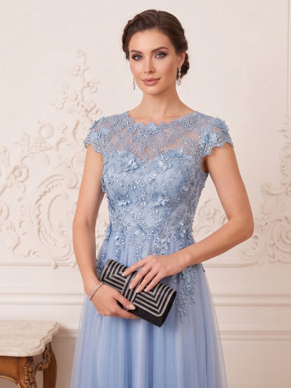 Robe Mère de la Mariée Longueur Sol Ligne A/Princesse, Col Dégagé, avec Fleurs 3D & Perles
