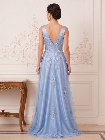 Robe Mère de la Mariée Longueur Sol Ligne A/Princesse, Col en V, avec Fleurs 3D & Dentelle