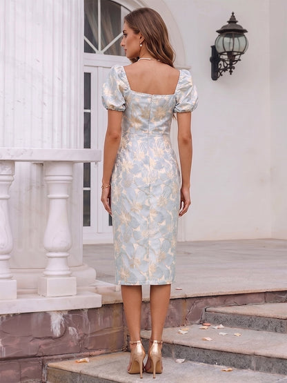 Robe de Cocktail Longueur Genou Gaine/Colonne, Col Carré & Manches Bouffantes, Fente Latérale