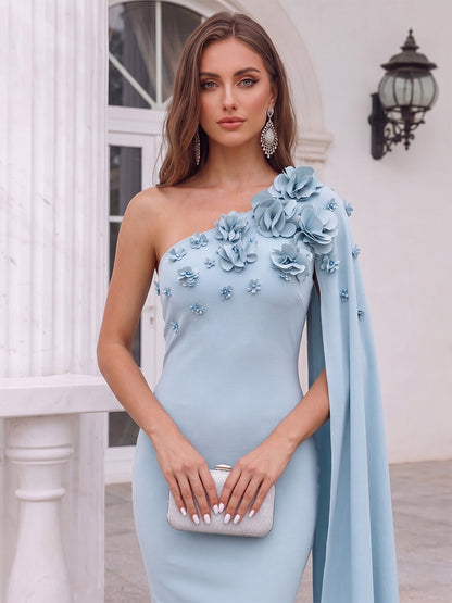 Robe de Cocktail Gaine/Colonne Monobretelle Asymétrique, Longueur Cheville avec Fleurs 3D