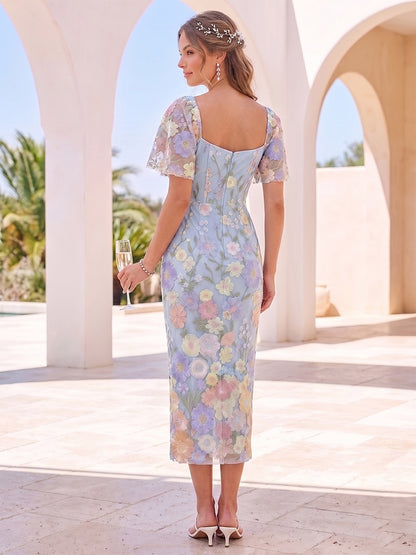 Robe de Cocktail Gaine/Colonne à Col Cœur & Manches Courtes, Longueur Thé avec Broderies & Fleurs