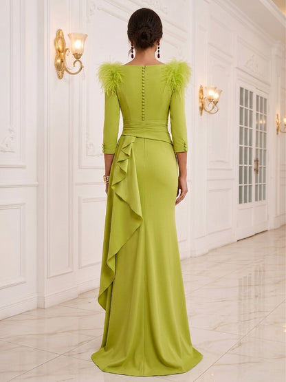 Robe de Soirée Trompette/Sirène à Col en V & Manches 3/4, Longueur Sol, avec Plis & Volants