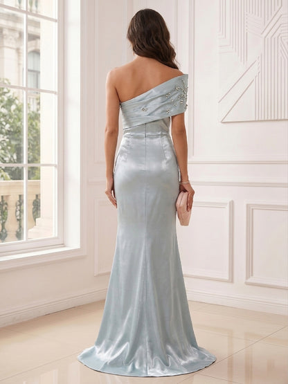 Robe de Soirée Trompette/Sirène Monobretelle, Longueur Sol, avec Fronces & Perles