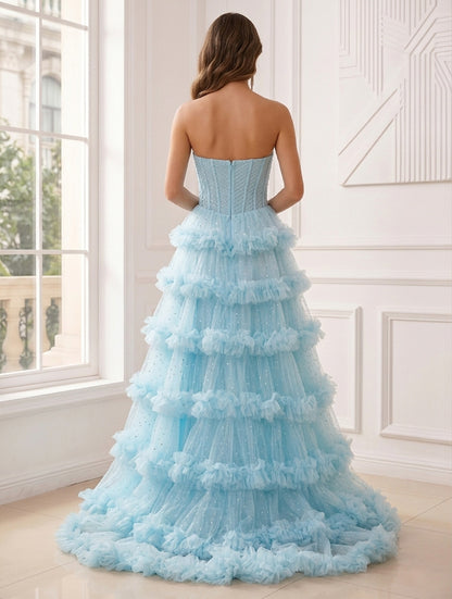 Robe de Soirée Ligne A/Princesse Sans Bretelles, Longueur Sol, avec Volants & Fente Latérale