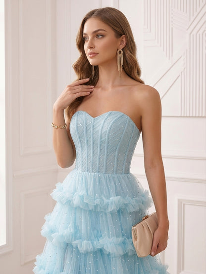 Robe de Soirée Ligne A/Princesse Sans Bretelles, Longueur Sol, avec Volants & Fente Latérale