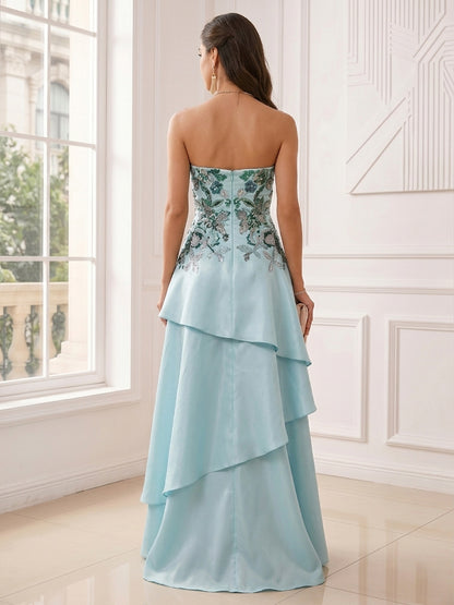 Robe de Soirée Ligne A/Princesse Sans Bretelles, Longueur Sol, avec Volants & Appliques