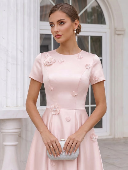 Robe de Cocktail Ligne A/Princesse à Col Dégagé, Longueur Thé avec Fleurs 3D & Plis