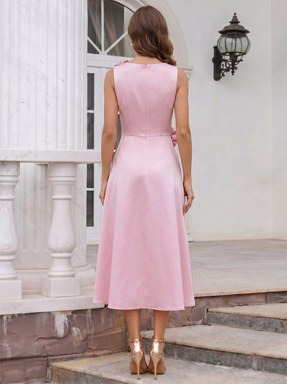 Robe de Cocktail Ligne A/Princesse à Col Dégagé, Longueur Thé avec Fleurs 3D & Poches