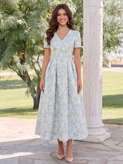 Robe d'Invité de Mariage Ligne A/Princesse à Col en V & Manches Courtes, Longueur Thé with Fronces