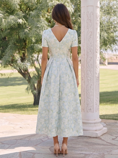 Robe d'Invité de Mariage Ligne A/Princesse à Col en V & Manches Courtes, Longueur Thé with Fronces