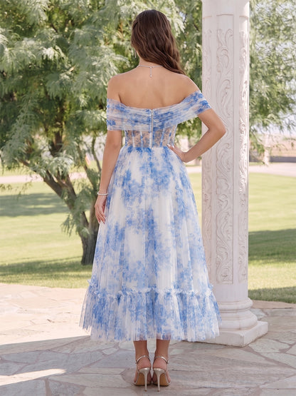 Robe d'Invité de Mariage Ligne A/Princesse, Épaules Dénudées & Manches Courtes, Longueur Thé, Fronces & Plis