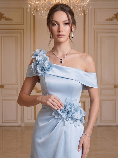 Robe de Soirée Ligne A/Princesse, Épaules Dénudées, Longueur Sol avec Fleurs 3D & Plis