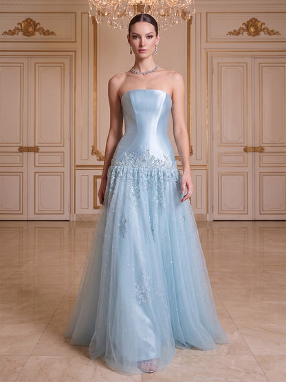 Robe de Soirée Ligne A/Princesse Sans Bretelles, Longueur Sol avec Appliques & Perles