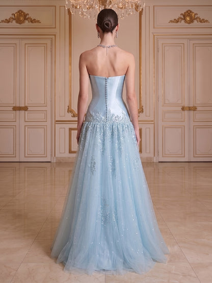 Robe de Soirée Ligne A/Princesse Sans Bretelles, Longueur Sol avec Appliques & Perles