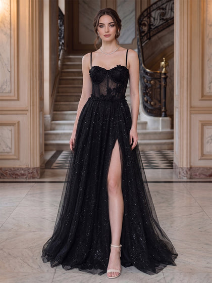 Ligne A/Princesse Bretelles Spaghetti Sans Manches Longueur du Sol Robes de Soirée avec Appliqué & Dentelle