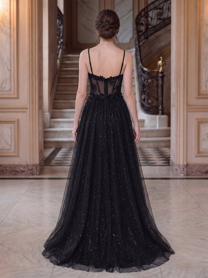 Robe de Soirée Ligne A/Princesse à Bretelles Spaghetti, Longueur Sol avec Appliques & Dentelle
