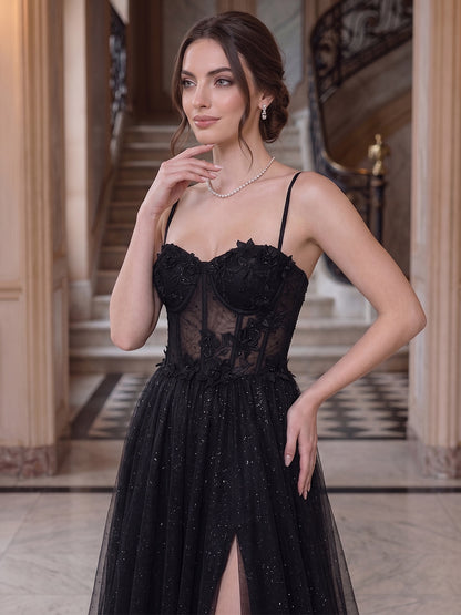 Robe de Soirée Ligne A/Princesse à Bretelles Spaghetti, Longueur Sol avec Appliques & Dentelle