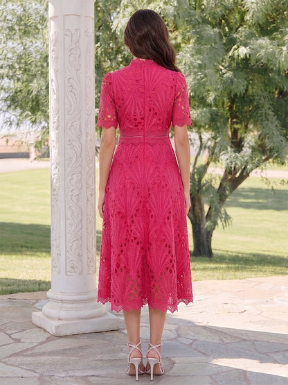 Robe d'Invité de Mariage Ligne A/Princesse à Col Haut & Manches Courtes, Longueur Thé, avec Fronces & Dentelle