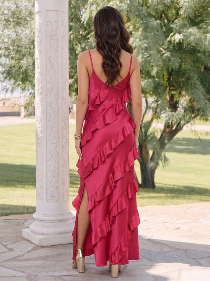 Robe d'Invité de Mariage Gaine/Colonne à Bretelles Spaghetti, Longueur Cheville, avec Fente Latérale & Volants