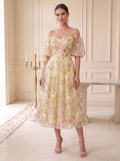 Robe d'Invité de Mariage Ligne A/Princesse Sans Bretelles, Manches Bouffantes, Longueur Thé, avec Appliques & Dentelle