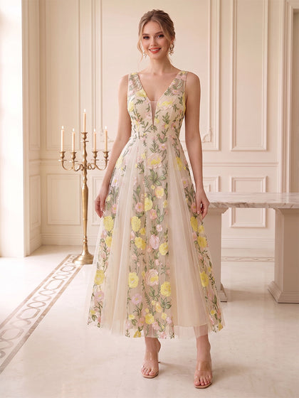 Robe d'Invité de Mariage Ligne A/Princesse à Col en V, Longueur Cheville, avec Broderies