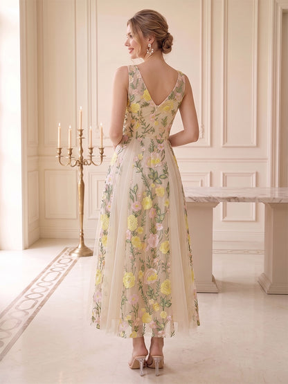 Robe d'Invité de Mariage Ligne A/Princesse à Col en V, Longueur Cheville, avec Broderies