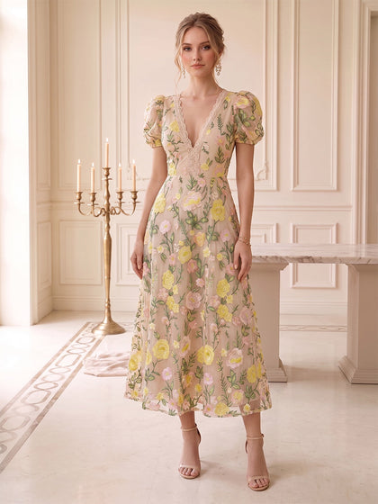 Robe d'Invité de Mariage Ligne A/Princesse à Col en V & Manches Bouffantes, Longueur Thé, avec Broderies