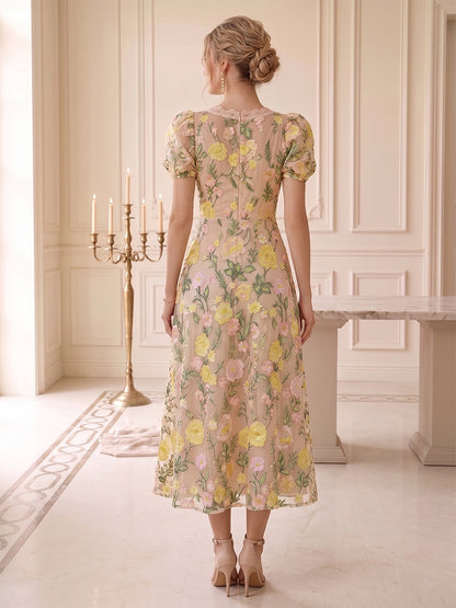 Robe d'Invité de Mariage Ligne A/Princesse à Col en V & Manches Bouffantes, Longueur Thé, avec Broderies