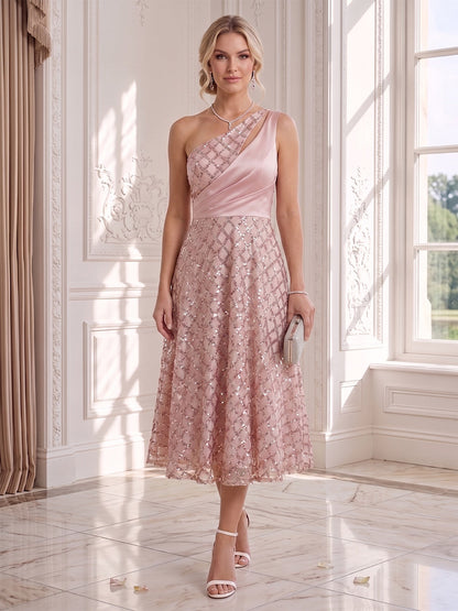 Robe d'Invité de Mariage Ligne A/Princesse Monobretelle, Longueur Thé, avec Fronces & Paillettes