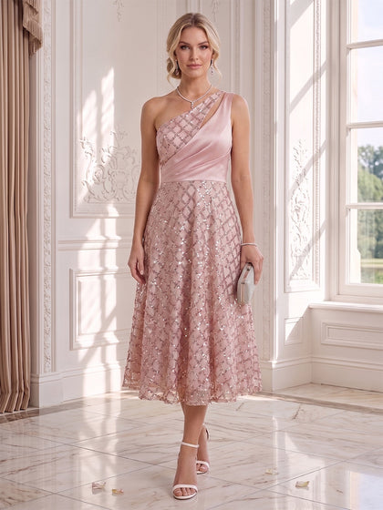Robe d'Invité de Mariage Ligne A/Princesse Monobretelle, Longueur Thé, avec Fronces & Paillettes