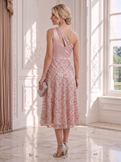 Robe d'Invité de Mariage Ligne A/Princesse Monobretelle, Longueur Thé, avec Fronces & Paillettes