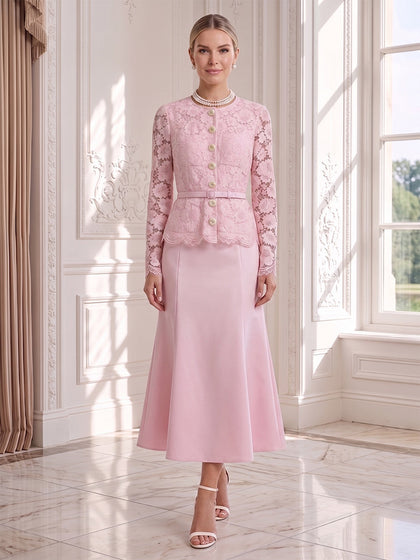 Trompette/Sirène 2 Pièces Scoop Manches Longues Longueur Thé Robes d'invité de Mariage avec Ceinture & Dentelle