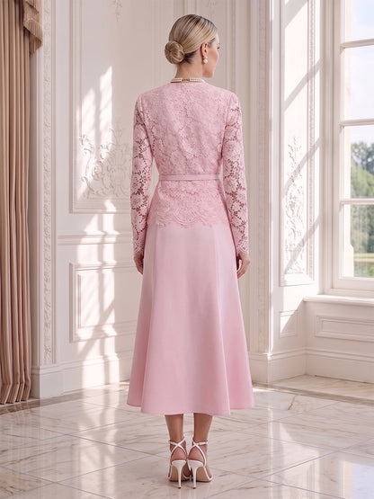 Robe d'Invité de Mariage 2 Pièces Trompette/Sirène, Col Rond & Manches Longues, Longueur Thé, avec Ceinture & Dentelle