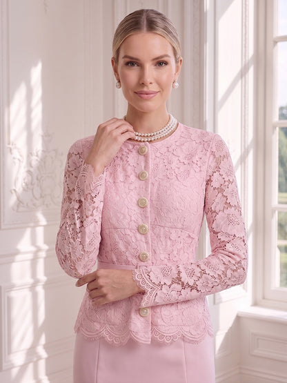 Robe d'Invité de Mariage 2 Pièces Trompette/Sirène, Col Rond & Manches Longues, Longueur Thé, avec Ceinture & Dentelle