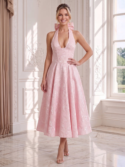 Robe d'Invité de Mariage Ligne A/Princesse à Col Licou, Longueur Thé, avec Nœud Papillon