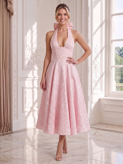 Robe d'Invité de Mariage Ligne A/Princesse à Col Licou, Longueur Thé, avec Nœud Papillon
