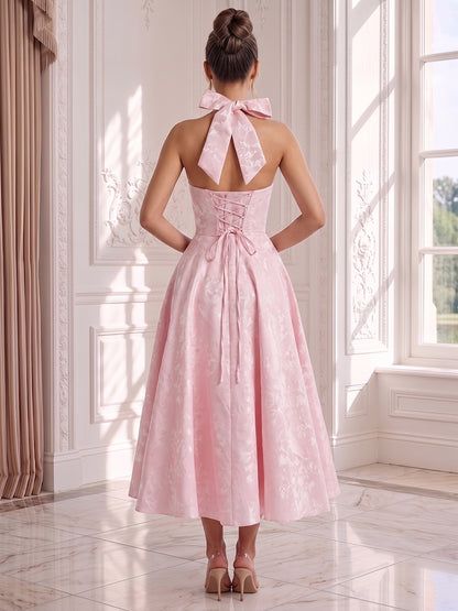 Robe d'Invité de Mariage Ligne A/Princesse à Col Licou, Longueur Thé, avec Nœud Papillon