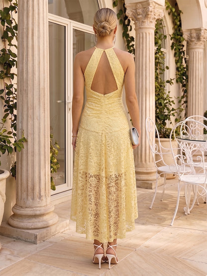 Robe d'Invité de Mariage Ligne A/Princesse à Col Licou, Coupe Asymétrique avec Dentelle & Découpe Goutte