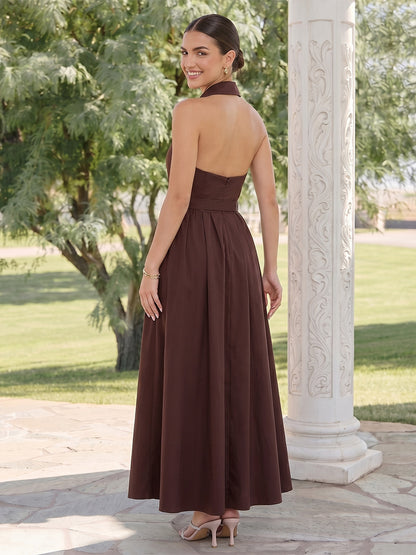 Robe d'Invitée de Mariage Ligne A/Princesse Col Halter Sans Manches Longueur Cheville avec Ceinture
